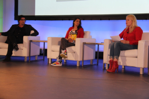 (L to R) Nick Shore, Chief Creative Strategist, Austronauts Wanted, Lily (Superwoman) Sing, YouTuber, actress, Amanda de Cadenet, host, The Conversation during Straight Outta YouTube Keynote