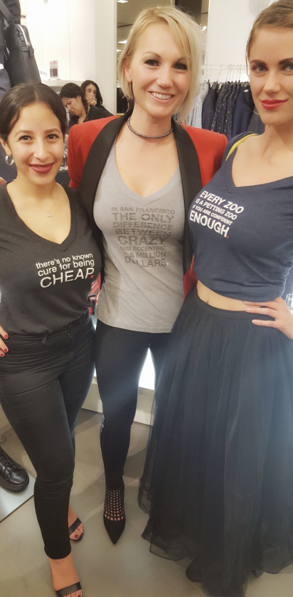 Female models with JAKE quotes on t-shirt