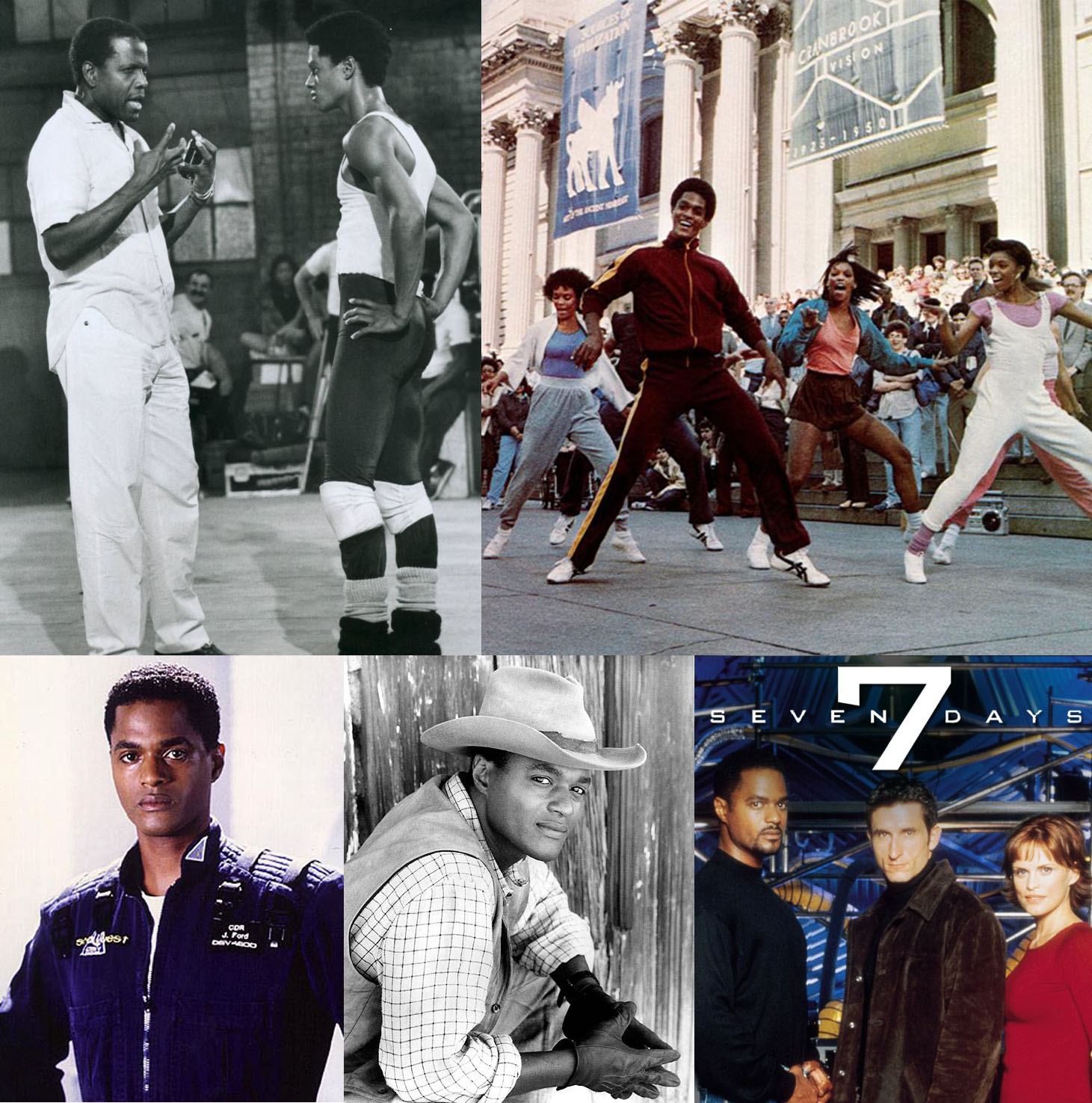 Clockwise from top left: Sidney Poitier directing Don Franklin in "Fast Forward", Don Franklin (Center) "Fast Forward", Don Frankiln (L) "Seven Days", "Young Riders", "seaQuest"