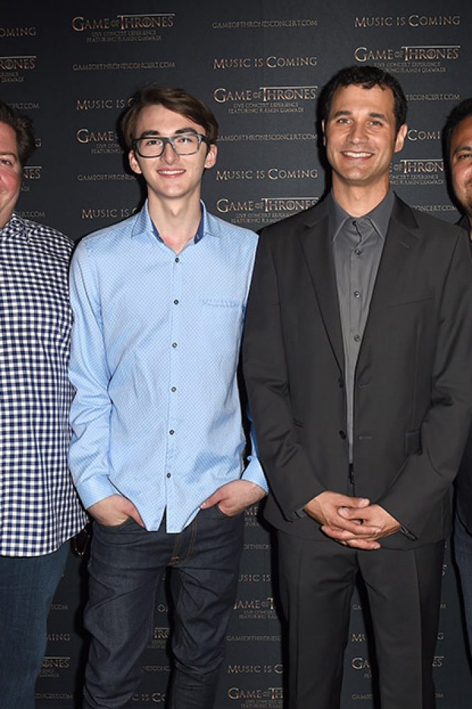 (L-R) VP Touring Live Nation Colin Lewis, actor Isaac Hempstead Wright, composer Ramin Djawadi and Live Nation Senior VP Touring Omar Al-Joulani . “Game Of Thrones” Live Concert Experience Announcement Event