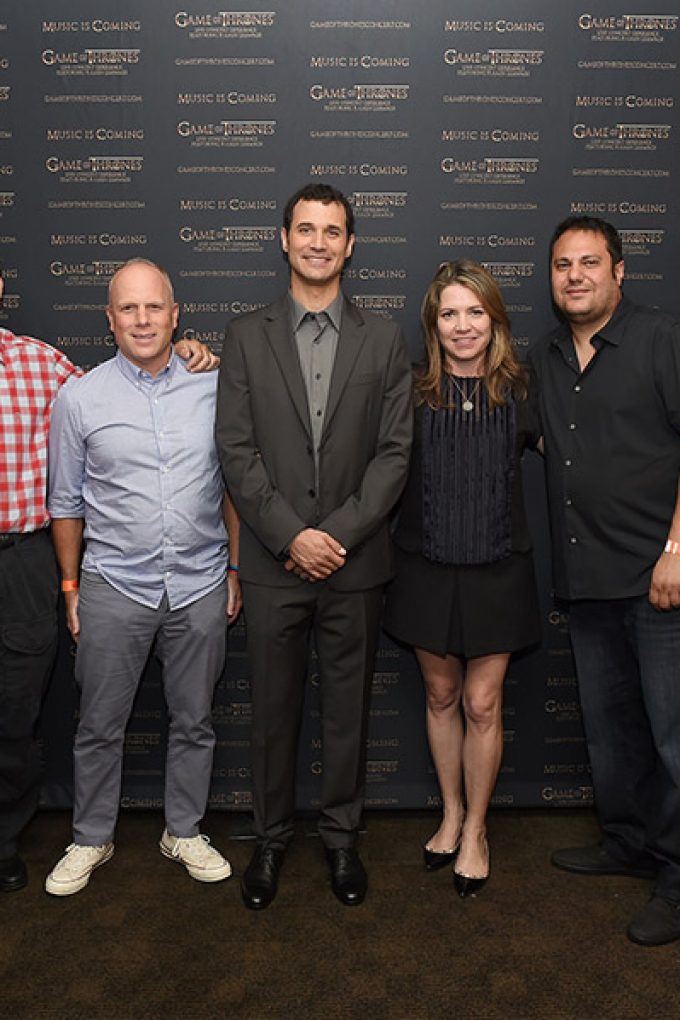 (L-R) Attorney at law Peter Paterno, HBO VP Global Liscensing and Retail Josh Goodstadt, composer Ramin Djawadi, manager Jennifer Hawks, Live Nation Senior VP Touring Omar Al-Joulani and VP Touring Live Nation Colin Lewis . “Game Of Thrones” Live Concert Experience Announcement Event