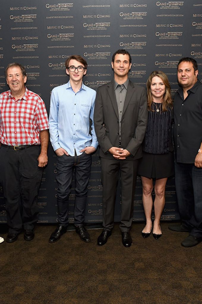 (L-R) HBO VP Global Liscensing and Retail Josh Goodstadt, attorney at law Peter Paterno, actor Isaac Hempstead Wright, composer Ramin Djawadi, manager Jennifer Hawks, Live Nation Senior VP Touring Omar Al-Joulani and VP Touring Live Nation Colin Lewis .”Game Of Thrones” Live Concert Experience Announcement Event