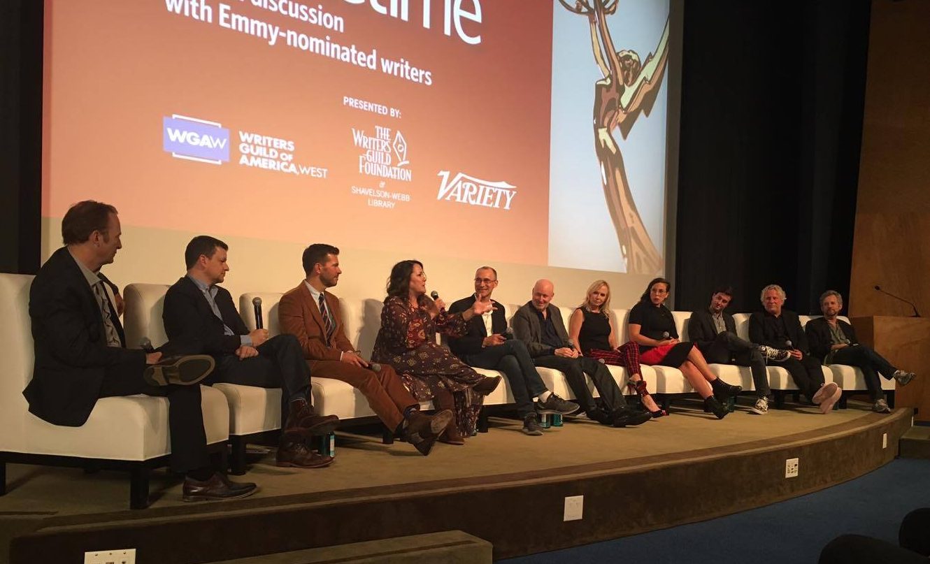 From left to right: Moderator Bob Odenkirk, Alex Gregory and Peter Huyck (Veep), Carolyn Omine (The Simpsons),  Joel Fields and Joe Weisberg (The Americans),  Marti Noxon and Sarah G. Shapiro (UnREAL),  Alex Rubens (Key & Peele), and Scott Alexander and Larry Karaszewski (The People v. O.J. Simpson: American Crime Story)