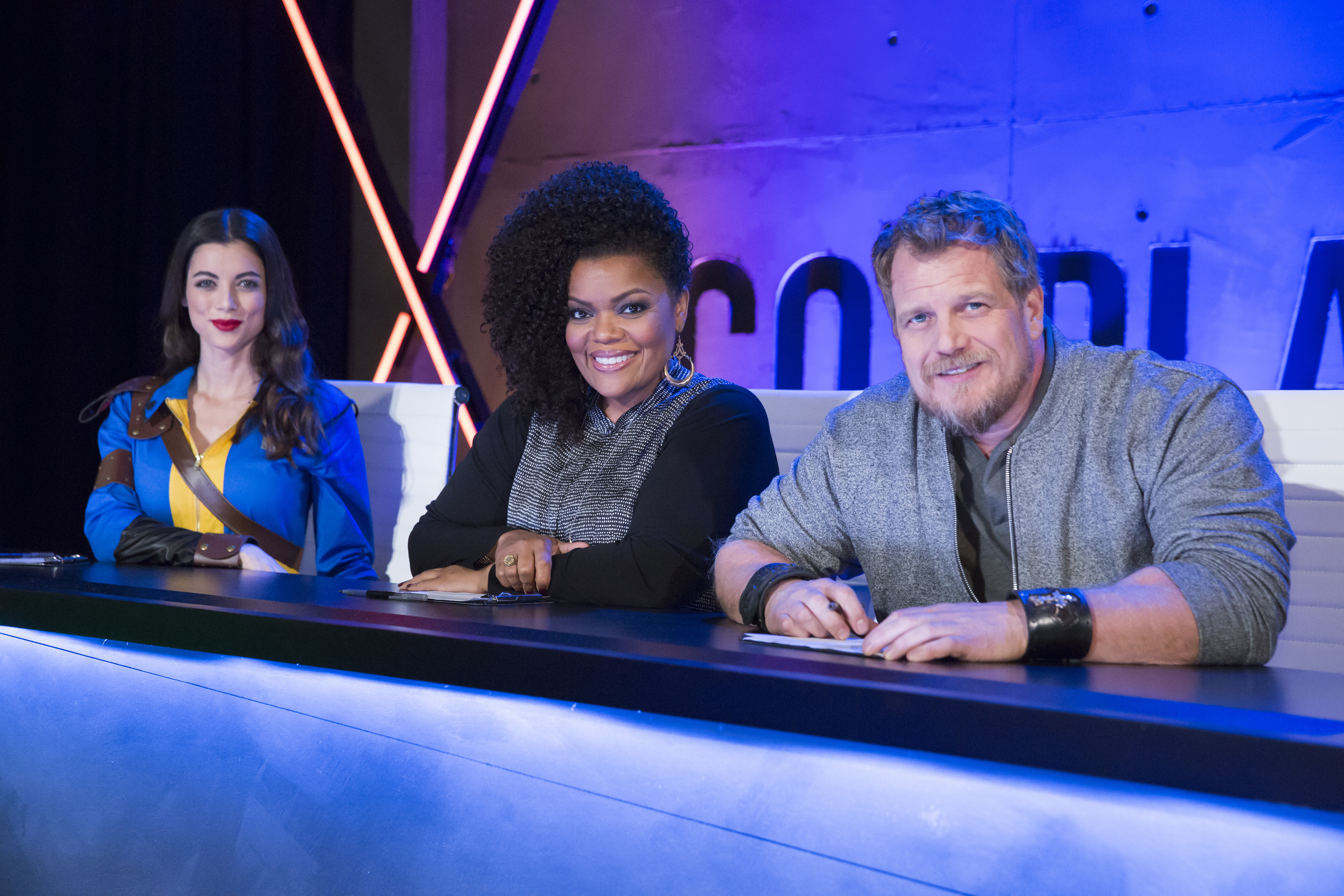 COSPLAY MELEE Judges-Pictured:  (l-r) LeeAnna Vamp, Yvette Nicole Brown, Christian Beckman -- (Photo by: Dale Berman/Syfy)