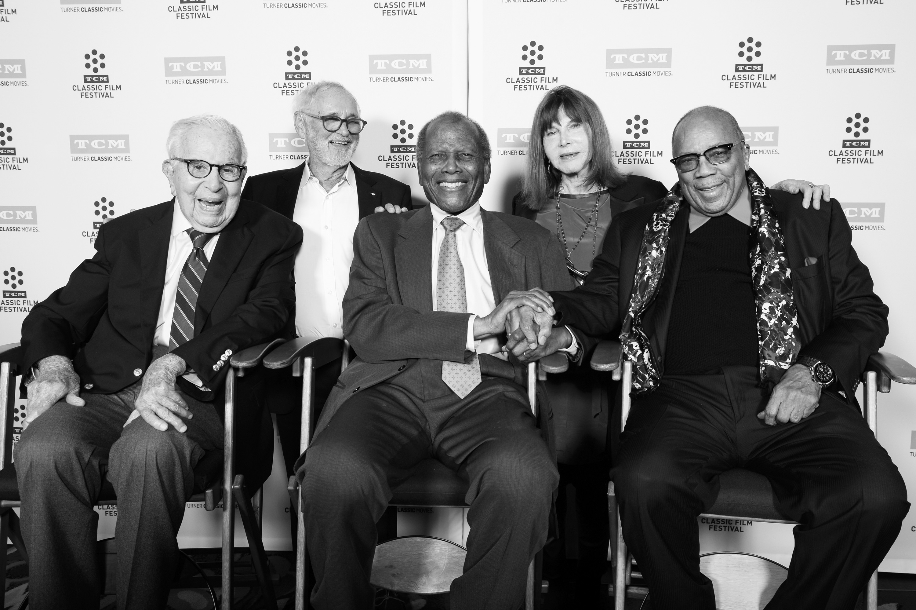 LOS ANGELES, CA - APRIL 06: (EDITOR'S NOTE: Image has been converted to black and white.) (L-R) Producer Walter Mirisch, director Norman Jewison, actor Sidney Poitier, actor Lee Grant and producer Quincy Jones attend the 50th anniversary screening of 'In the Heat of the Night' during the 2017 TCM Classic Film Festival on April 6, 2017 in Los Angeles, California. (Photo by Handout/Getty Images)