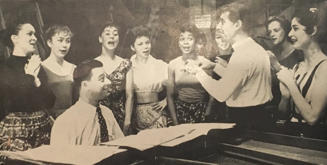 The original members of the cast of "West Side Story" on Broadway.  Frances Davis is in the middle.  Leonard Bernstein is conducting and Stephen Sondheim of the piano.
