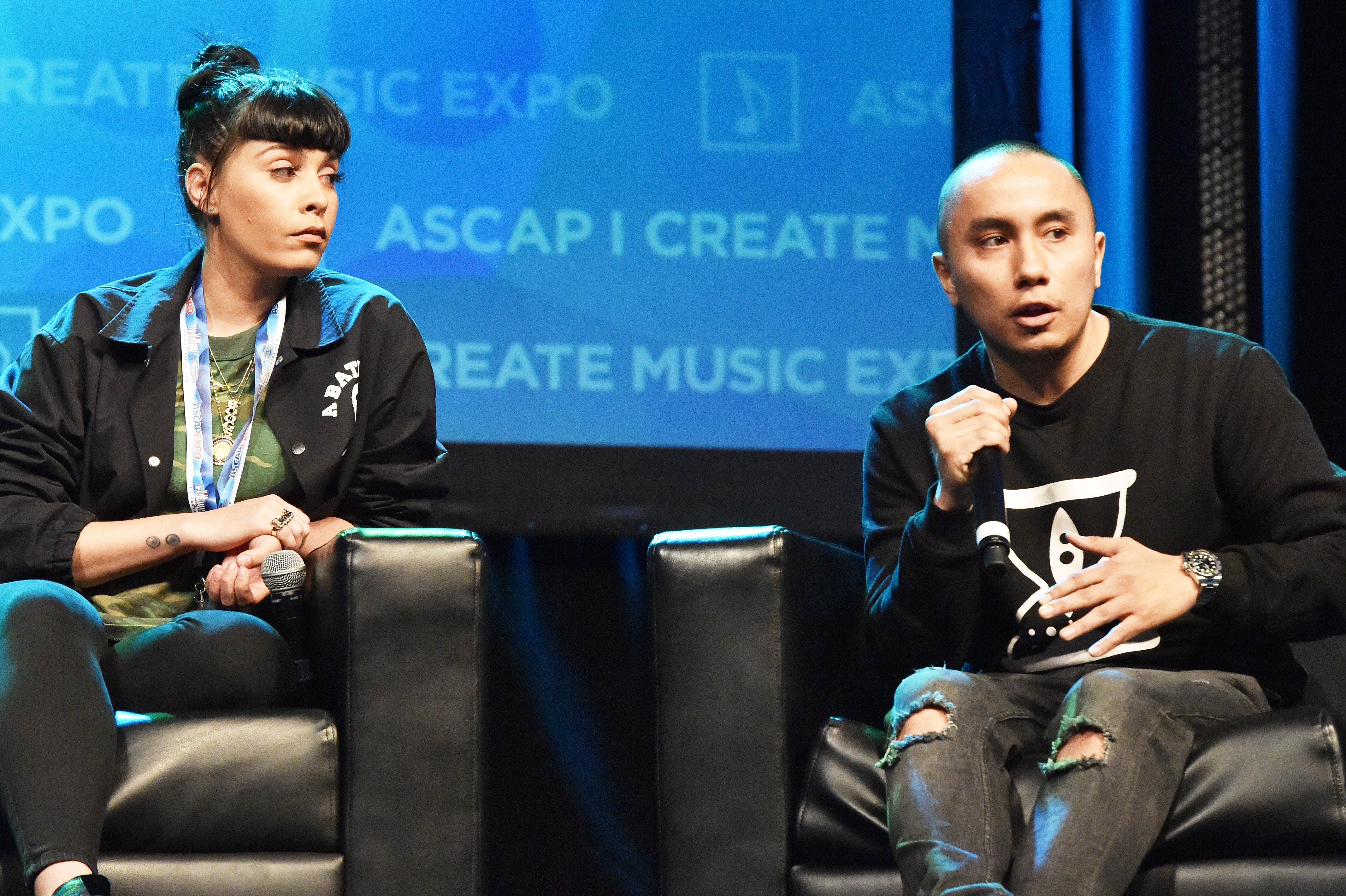 LOS ANGELES, CA - APRIL 14:  BMG Music Publisher Jennifer Goicoechea (L) and Atlantic Records Urban A&R Gary Leon speak onstage at 'Building Your Team' during the 2017 ASCAP "I Create Music" EXPO on April 14, 2017 in Los Angeles, California.  (Photo by Lester Cohen/Getty Images for ASCAP)