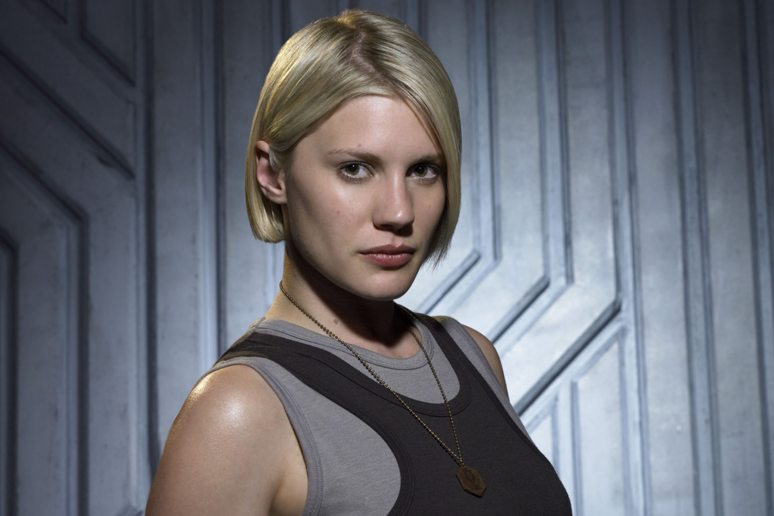 BATTLESTAR GALACTICA - Season 2 -- Pictured: Katee Sackhoff as  Kara "Starbuck" Thrace -- (Photo by: Justin Stephens/Syfy/NBCU Photo Bank via Getty Images)