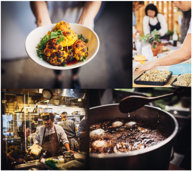 Clockwise from top, left to right: Cauliflower Tandoori from Badmaash, Sonoko Sakai prepping noodles, Vietnamese broth, and Carlos Salgado at work. Images Courtesy of Life & Thyme