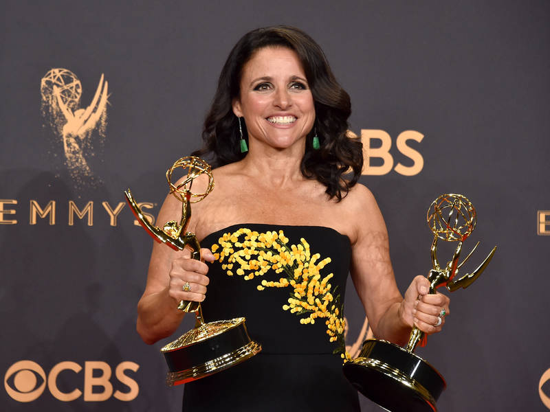 LOS ANGELES, CA - SEPTEMBER 17:  Actor Julia Louis-Dreyfus, winner of the award for Outstanding Comedy Actress for 'Veep,' poses in the press room during the 69th Annual Primetime Emmy Awards at Microsoft Theater on September 17, 2017 in Los Angeles, California.  (Photo by Alberto E. Rodriguez/Getty Images)